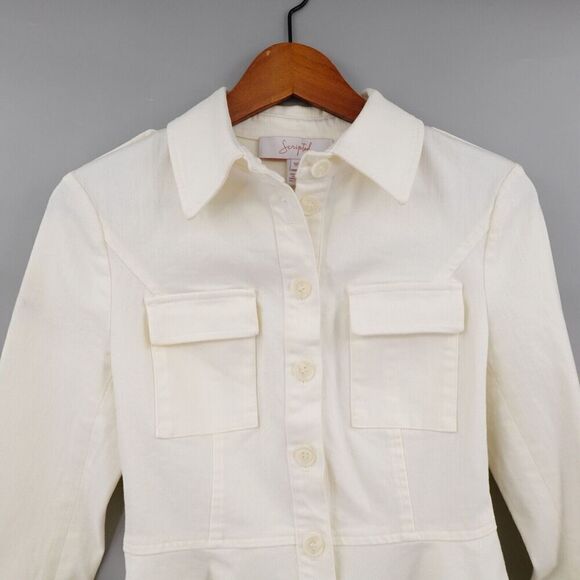 Scripted Peplum Jacket Womens XS Cream Flared Sleeve Canvas Fitted Mod 70s Retro - Picture 4 of 16